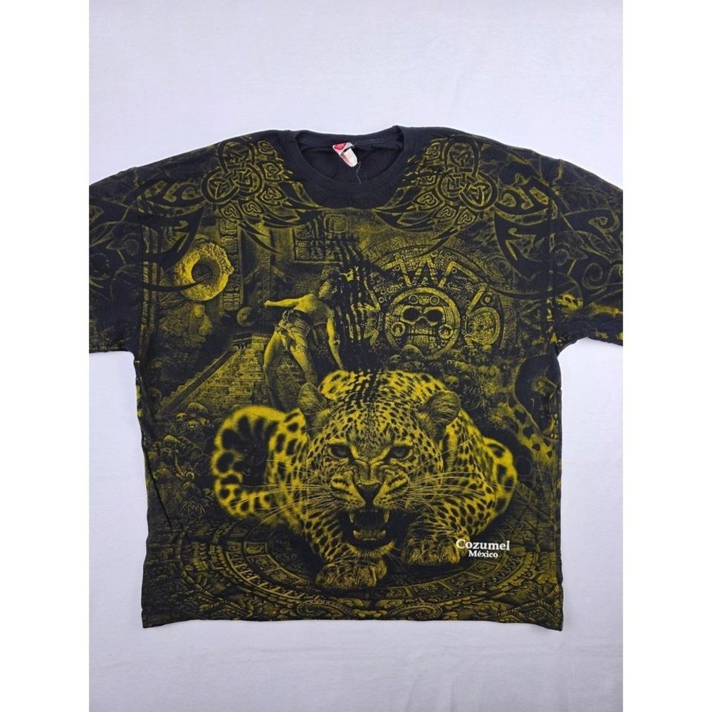Euro Cotton Cozumel Mexico Jaguar All Over Print Graphic T-Shirt XL Black Yellow